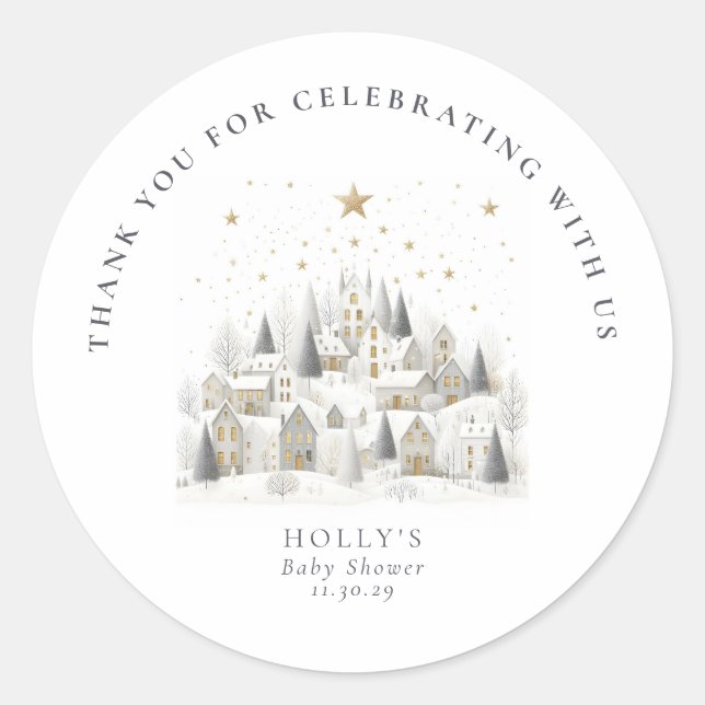 Adesivo Redondo It Takes a Village Snowy Whimsical Baby Shower  (Frente)