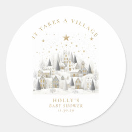 Adesivo Redondo It Takes a Village Snowy Whimsical Baby Shower 