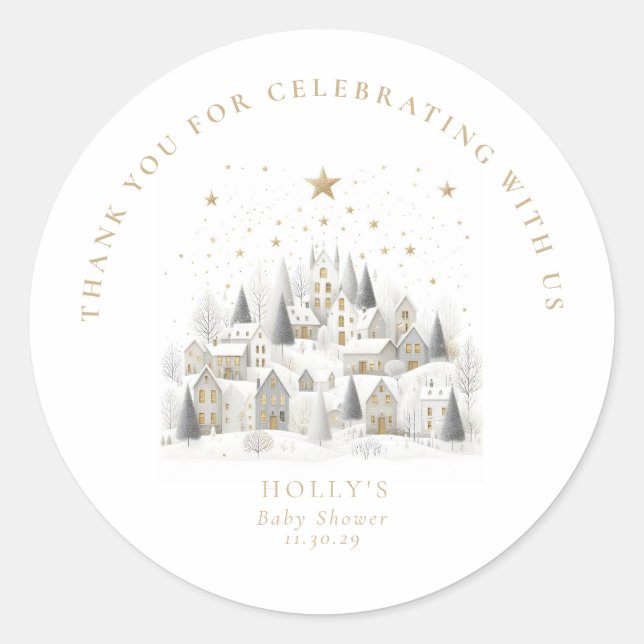 Adesivo Redondo It Takes a Village Snowy Whimsical Baby Shower  (Frente)