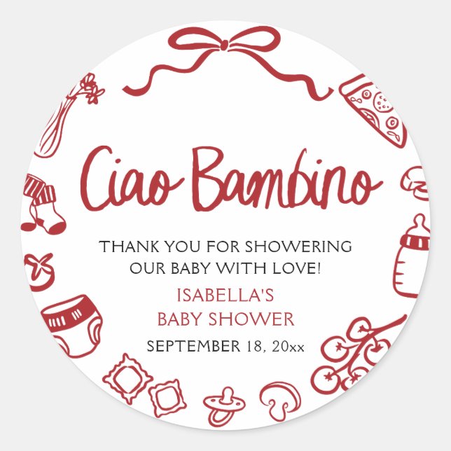 Adesivo Redondo Italian Hand Drawn Pizza Ciao Bambino Baby Shower (Frente)