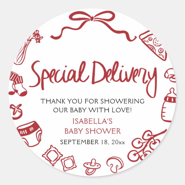 Adesivo Redondo Italian Hand Drawn Special Delivery Baby Shower (Frente)