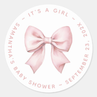 Adesivo Redondo It's a Girl Baby Shower Pink Bow
