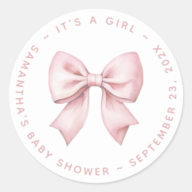 Adesivo Redondo It's a Girl Baby Shower Pink Bow (Frente)