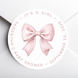Adesivo Redondo It's a Girl Baby Shower Pink Bow