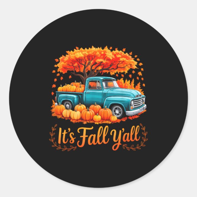 Adesivo Redondo It's Fall Y'all Pumpkin Truck Autumn Thanksgiving  (Frente)