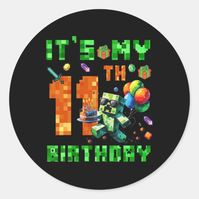 Adesivo Redondo It's My 11th Birthday Pixel Number Video Game Game (Frente)