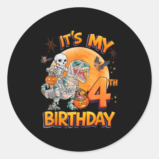 Adesivo Redondo Its My 4th Birthday Dinosaur Skeleton Mummy Hallow (Frente)