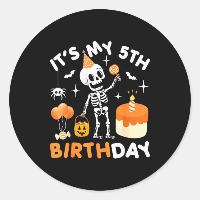 Adesivo Redondo It's My 5th Birthday-funny Halloween Skeleton 5th  (Frente)