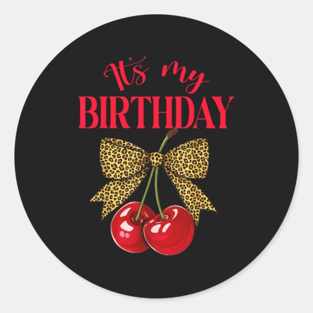Adesivo Redondo It's My Birthday Cute Cherry Leopard Coquette Bow  (Frente)
