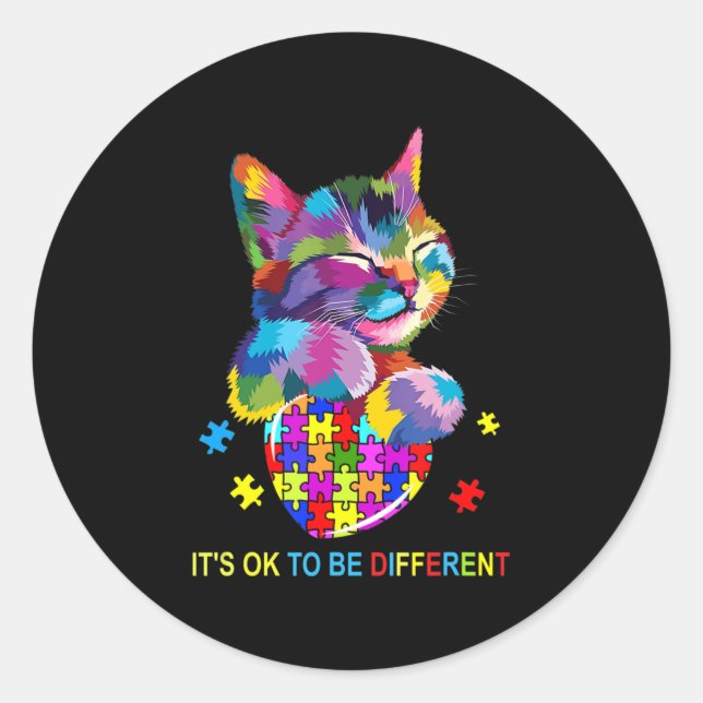 Adesivo Redondo It's Ok To Be Different Cat Autism Awareness lover (Frente)