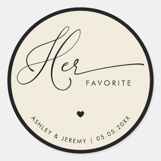 Adesivo Redondo Ivory & Black Her Favorite Wedding Favor   (Frente)