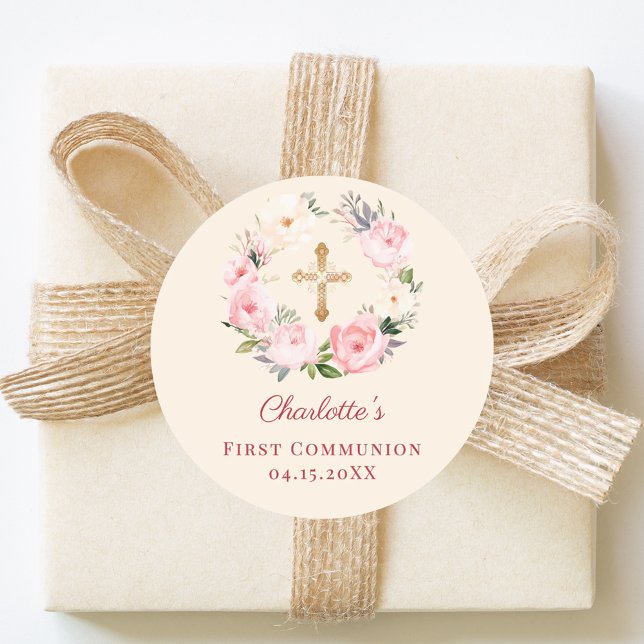 Adesivo Redondo Ivory blush pink floral wreath First Communion (Criador carregado)