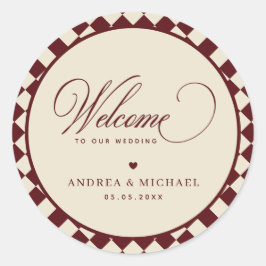 Adesivo Redondo Ivory & Burgundy Checkered Retro Wedding Welcome