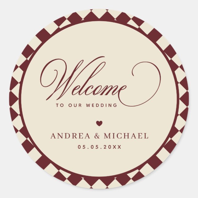 Adesivo Redondo Ivory & Burgundy Checkered Retro Wedding Welcome (Frente)
