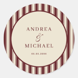 Adesivo Redondo Ivory & Burgundy Stripes Retro Custom Wedding