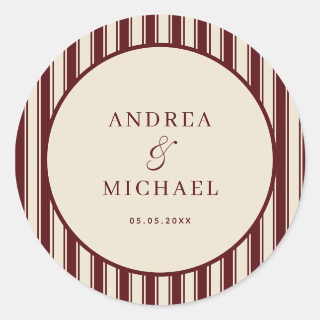 Adesivo Redondo Ivory & Burgundy Stripes Retro Custom Wedding (Frente)