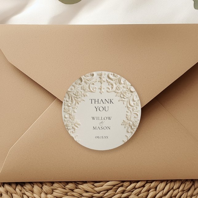 Adesivo Redondo Ivory Elegant Embossed Thank You Wedding (Ivory Elegant Embossed Thank You Wedding Classic Round Sticker)