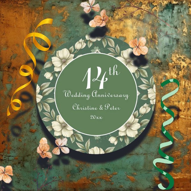 Adesivo Redondo Ivory Floral e Aniversário do Casamento Emerald (Criador carregado)