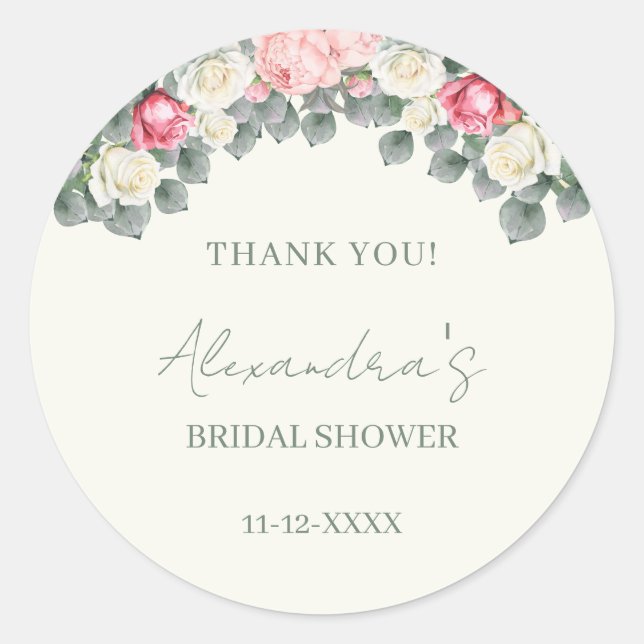 Adesivo Redondo Ivory Garden Roses Bridal Shower Thank You  (Frente)