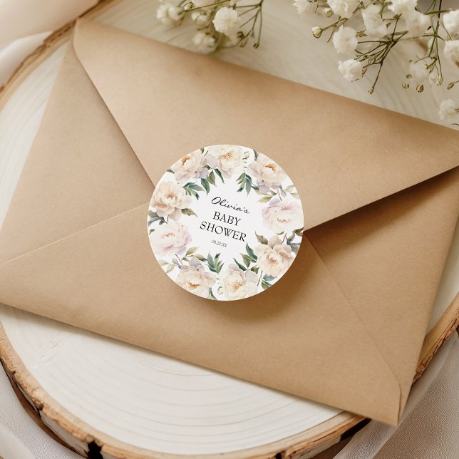 Adesivo Redondo Ivory Peony Floral Neutral Baby Sticker (Criador carregado)