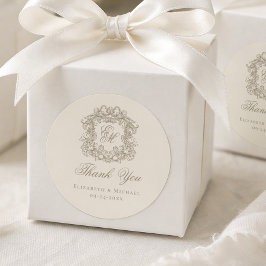 Adesivo Redondo Ivory Taupe Monogram Wedding Crest Thank You