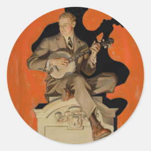 Adesivo Redondo J.C. Leyendecker Tocador de Banjo 1920 Arte Art Dé