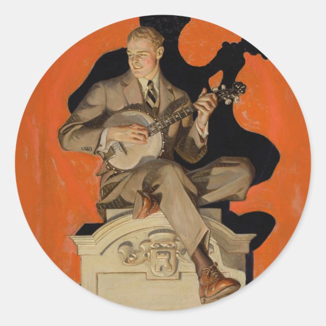 Adesivo Redondo J.C. Leyendecker Tocador de Banjo 1920 Arte Art Dé (Frente)