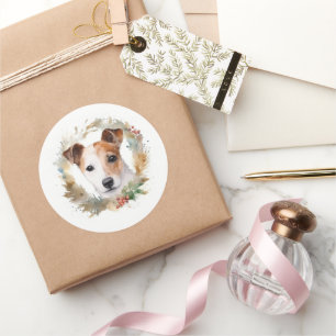 Adesivo Redondo Jack Russell Christmas Wreath Festivo Pup