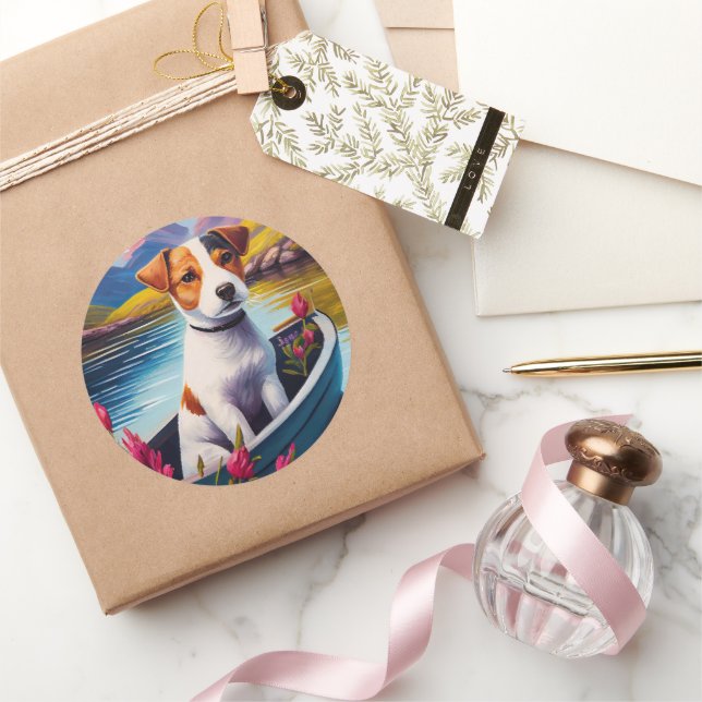 Adesivo Redondo Jack Russell em um remo: Uma aventura cênica (Presentear)