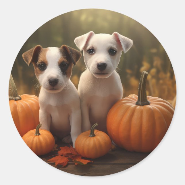 Adesivo Redondo Jack Russell Puppy Autumn Delight Pumpkin (Frente)