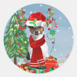 Adesivo Redondo Jack Russell Terrier Dog em presentes de Natal na 
