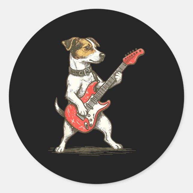 Adesivo Redondo Jack Russell Terrier Dog Playing Guitar Rocker Gui (Frente)