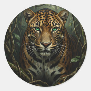 Adesivo Redondo Jaguar da Selva de Olhos Verdes Intenso