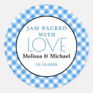 Adesivo Redondo Jam Embalado Com Amor Azul, Favor De Casamento De 
