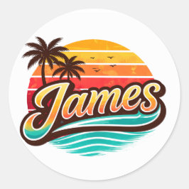 Adesivo Redondo James Retro Sunset Tropical Nome Design