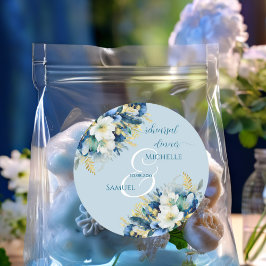 Adesivo Redondo Jantar de Noivado Floral com Brilho Dourado em Azu