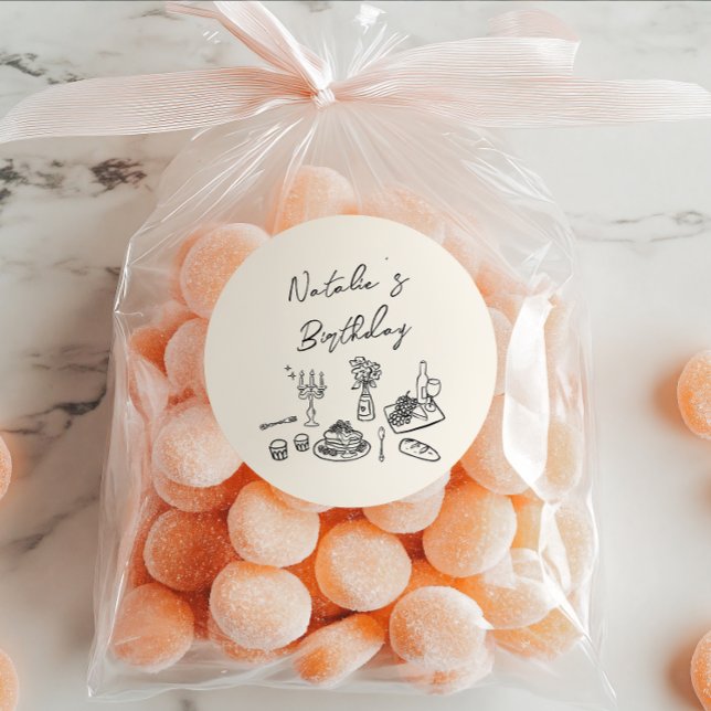 Adesivo Redondo Janto de Aniversário do Tableware Desenhado Retroa (Criador carregado)