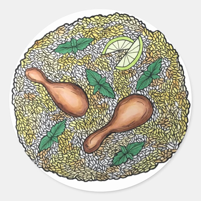 Adesivo Redondo Janto de Comida de Arroz Misto Indiano (Chicken Bi (Frente)