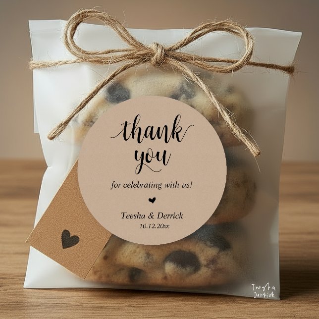 Adesivo Redondo Janto Russo Moderno De Casamento Obrigado Presente (Modern Rustic Wedding Dinner Thank You Gifts Classic Round Sticker cute red heart Brown Kraft)