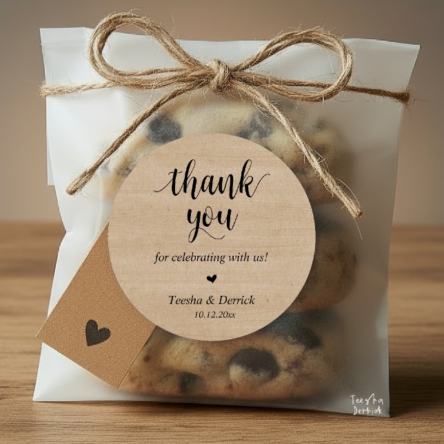 Adesivo Redondo Janto Russo Moderno De Casamento Obrigado Presente (Modern Rustic Wedding Dinner Thank You Gifts Classic Round Sticker cute heart Brown Kraft)