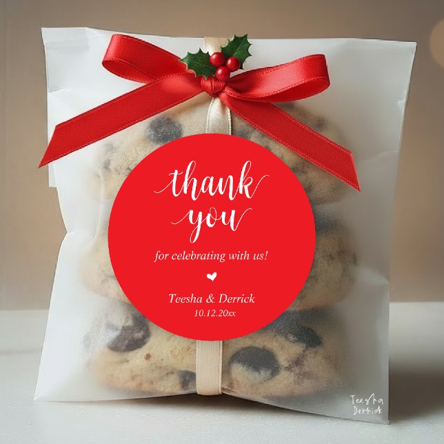 Adesivo Redondo Janto Russo Moderno De Casamento Obrigado Presente (Modern Rustic Wedding Dinner Thank You Gifts Classic Round Sticker cute heart Bright Red)