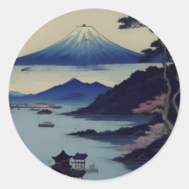 Adesivo Redondo Japanese Mount Fuji Landscape Ukiyo-e Stickers
