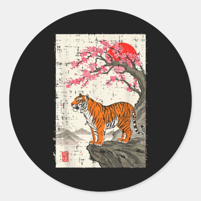 Adesivo Redondo Japanese Tiger Cherry Blossoms Sakura Art Women Me (Frente)