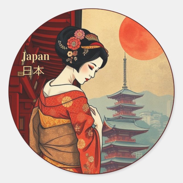Adesivo Redondo Japão 日 本 maiko geisha pagoda retro (Frente)