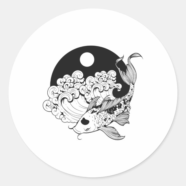 Adesivo Redondo Japonês carp koi com Yin e Yang Background (Frente)