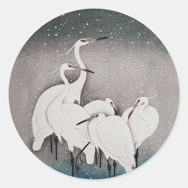 Adesivo Redondo Japonês Egrets Koson Cranes Winter Snow (Frente)