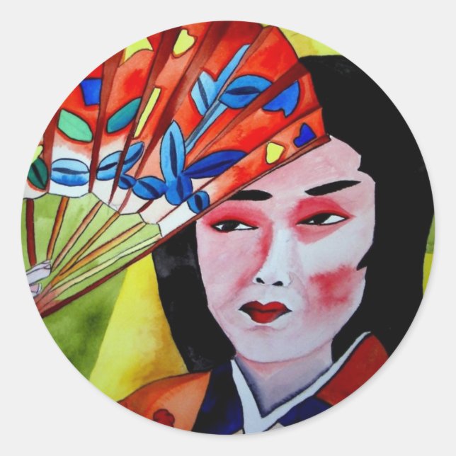 Adesivo Redondo japonês Geisha com fã aquarela arte original (Frente)
