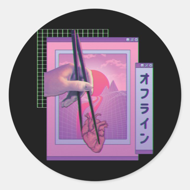 Adesivo Redondo Japonês Offline Vaporwave Aestético Sad Heart (Frente)