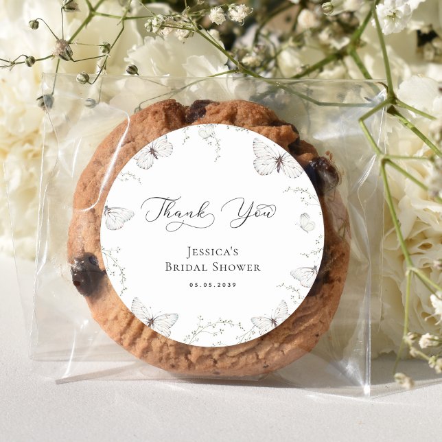 Adesivo Redondo Jardim da Borboleta Branca Casamento Obrigado (Criador carregado)