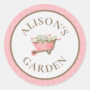 Adesivo Redondo Jardim de Aquarela de Gingham, Rosa Elegante